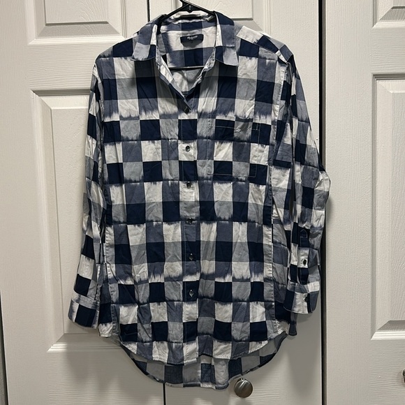 Madewell Bleeding Blue and White Plaid Women's Button-Up High Low Hem Top Small - Picture 3 of 7